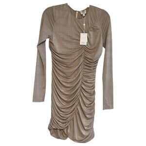Cami NYC Magdalena Metallic Jersey Ruched Long Sleeve Mini Dress Champagne Sz S